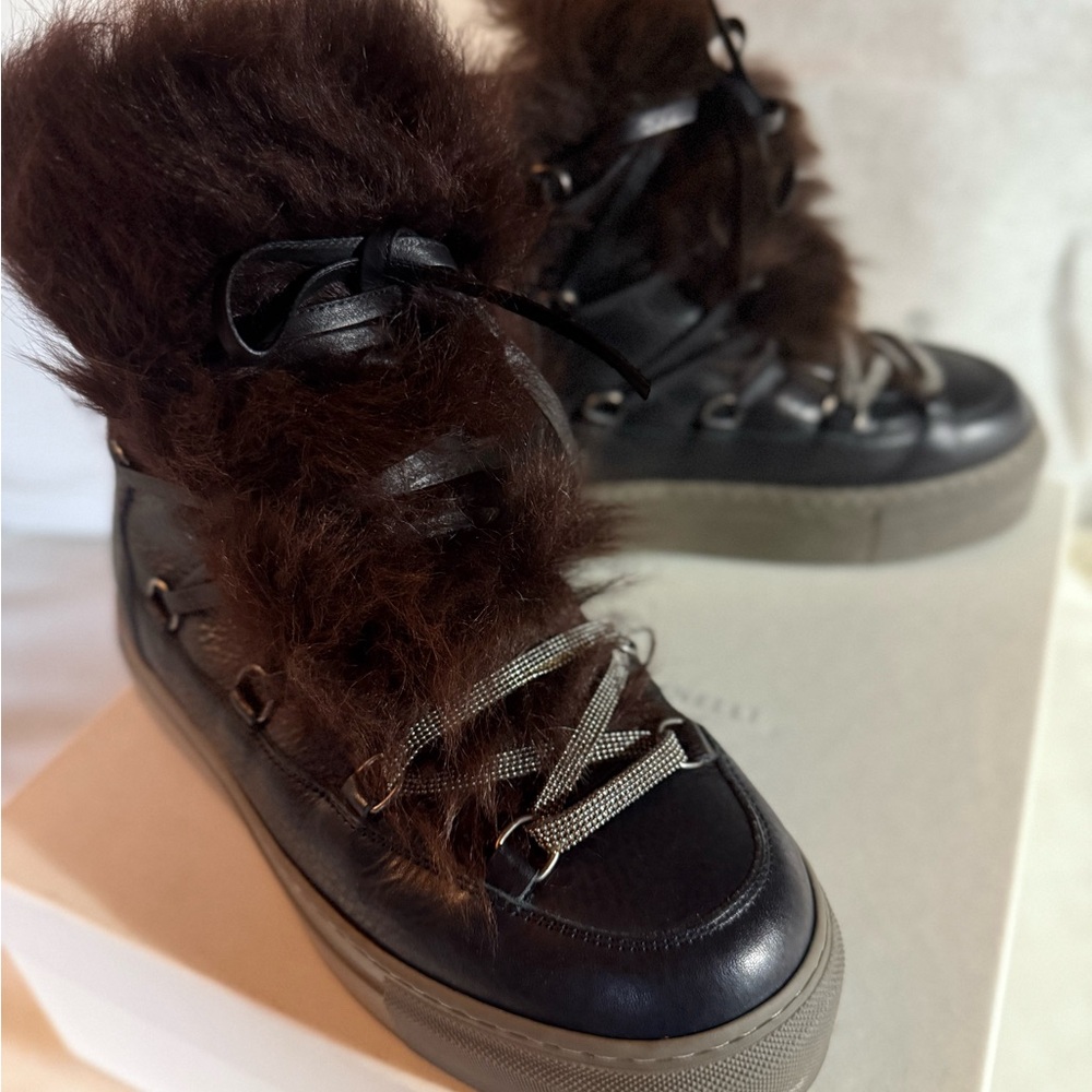 Brunello Cucinelli Black and Brown Fur Lace-Up Boots